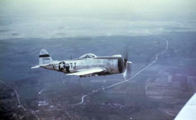 P-47 Thunderbolt of the 404th Fighter Group in flight over Belgium, March 1945