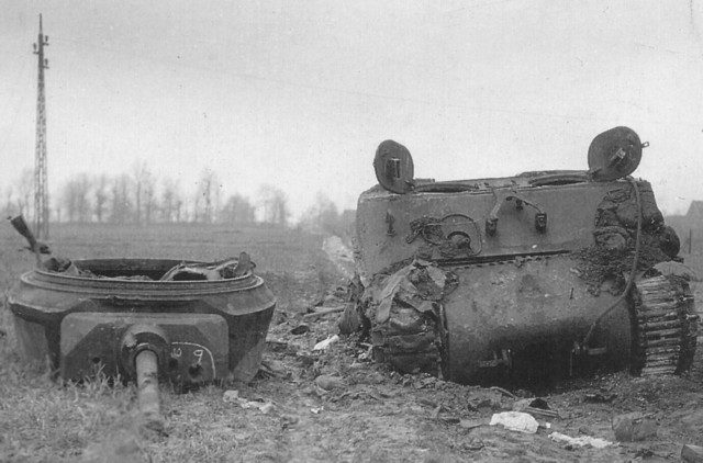 This Jumbo of 743rd Tank Battalion was knocked out on 22nd November 1944 near Lohn, Germany. 