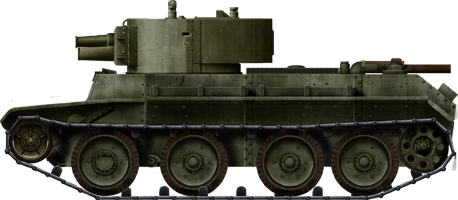 BT-7A, an infantry support variant equipped with a modified T-28 turret and 75 mm (2.95 in) short barreled howitzer.